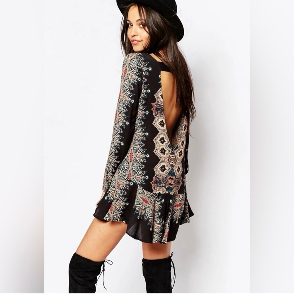 Free People Rust Boho Back Cut Out Long Sleeve Tunic Dress Sz Small